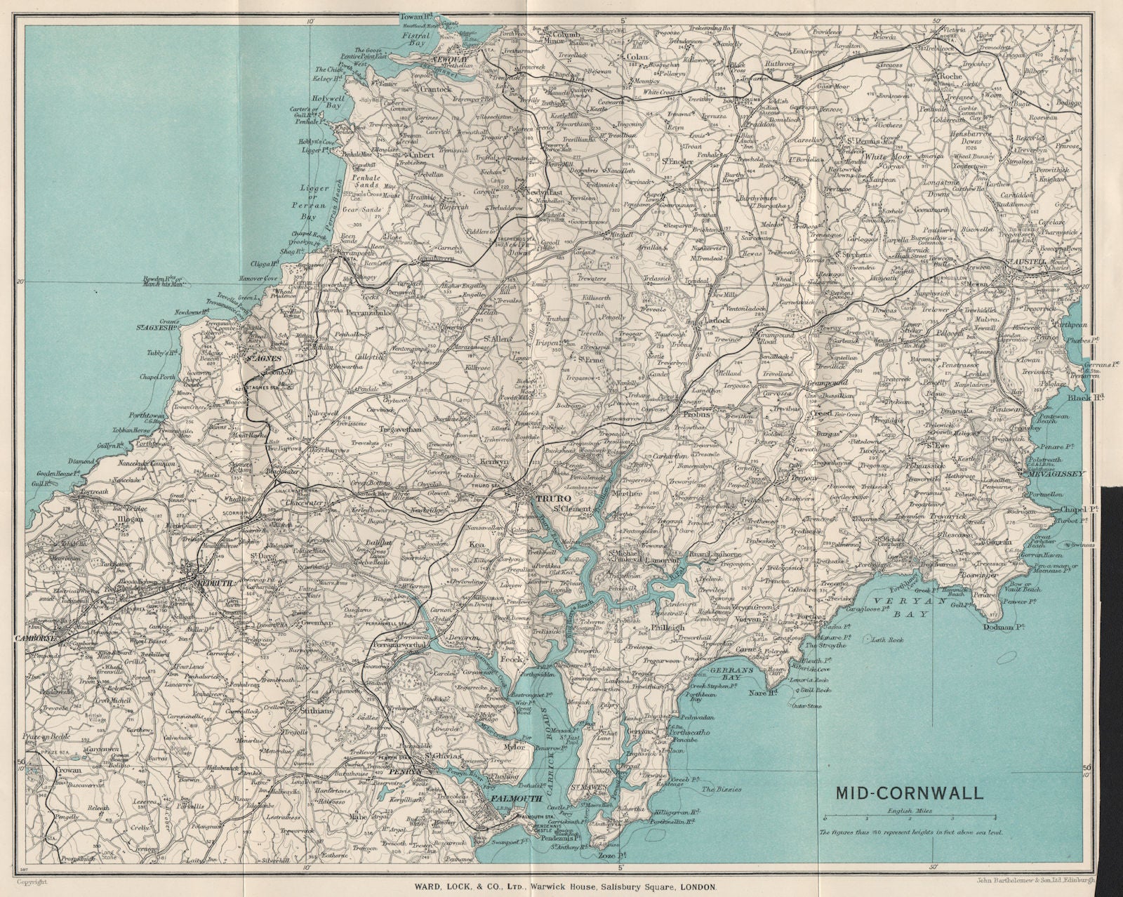 MID-CORNWALL. Carrick Roads Truro Newquay Redruth Falmouth St Austell 1934 map